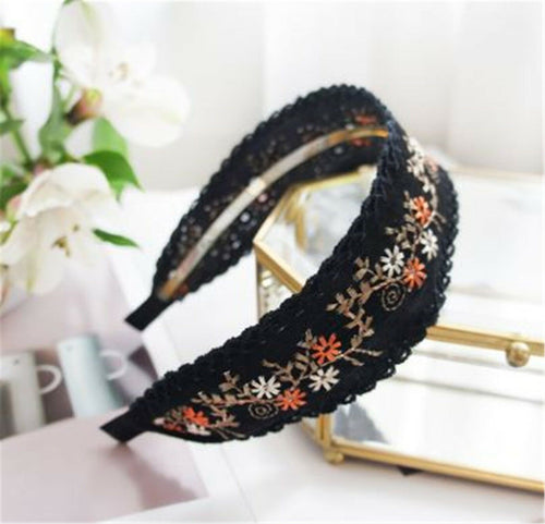 Women Lady Retro Boho Embroidery Cotton Wide Hair Headband Head Wrap Band hoop Black