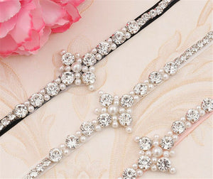 Women Crystal Rhinestone Pearl Cross Prom Wedding Waist Dress Belt Waistband