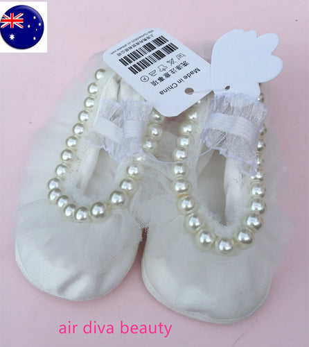 Baby Shower Girls Kids Christening Ballet White Lace Pearl Adorable Gem Shoes 0-3Months:10CM