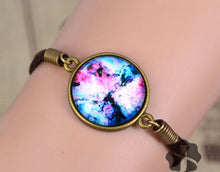 Women Girls Space Galaxy Blue round badge suede leather Wrist band Bracelet gift