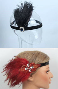 Women retro Black Red Feather Gatsby Flapper Party Hair headband band fascinator