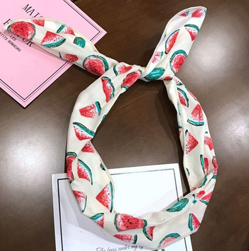 Women Girls Pineapple Fruit Hawaii retro Wire Bunny Ear bow scarf Hair headband Creamy white Watermelon headband