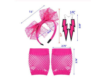 Women Girl 70' 80' Net Fishnet Mesh Wrist Dance Neon Disco Party Gloves Headband
