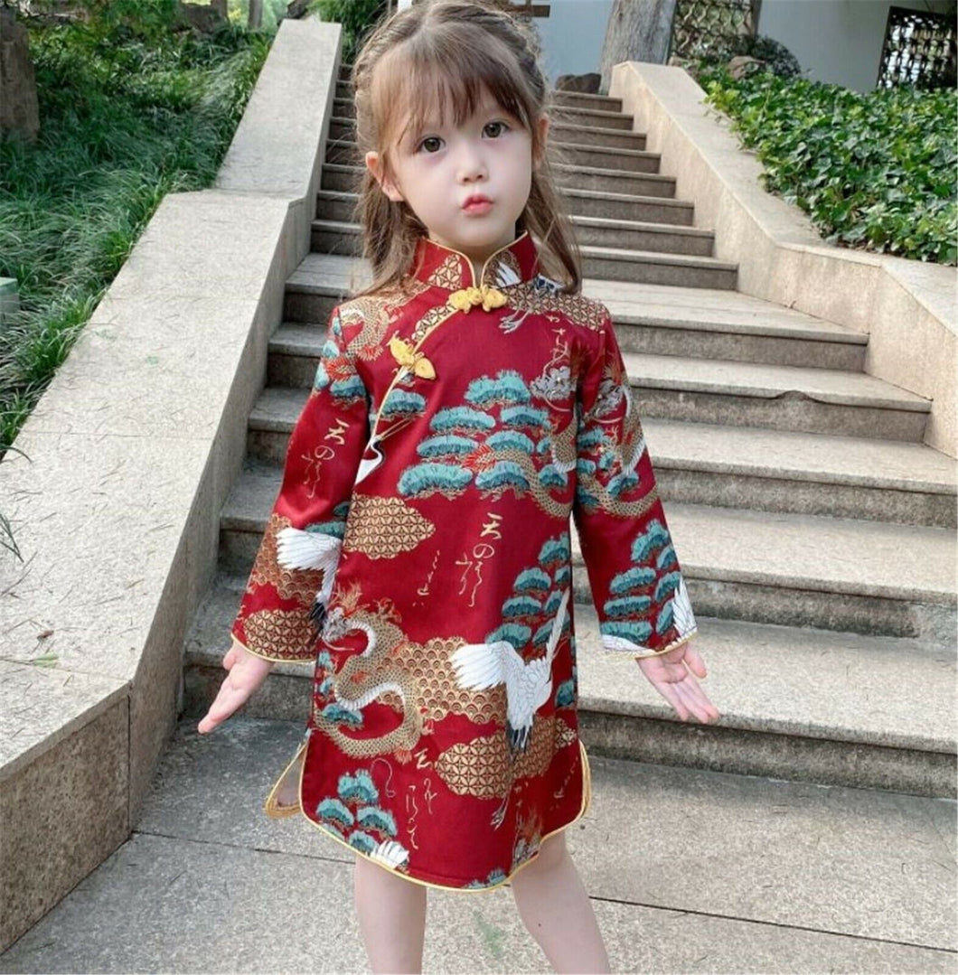 Kids Girl Chinese New Year Asian Traditional QIPAO Red Costume Tunic Dress