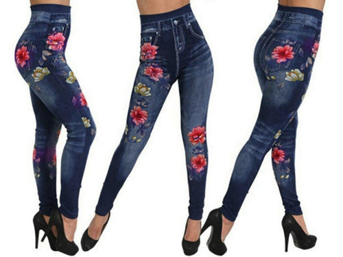 Women Faux Denim Jeans look High Waist Floral Pencil Leggings Jeggings Pants