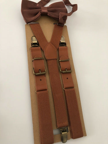 Adult Men Women Syn Leather Metal Clip Braces Suspender Belts Bowtie bow tie Set Brown