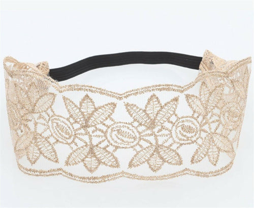 Women Girl Embroidery Boho Retro Lace Floral Headband Elastic Hair Head band Beige Three Leaves Flower