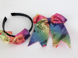 Women Girl Sequins Sequined Bling Colorful Rainbow Headband Hair Head Band bow