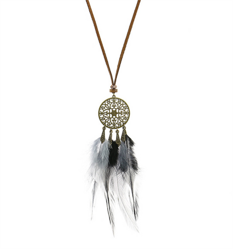 Women Retro Ethnic Bohemian Dream Catcher Turquoise Feather Chain Long Necklace