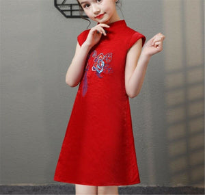 New Kids Girl Chinese New Year Asian Traditional QIPAO Red Costume Tunic Dress