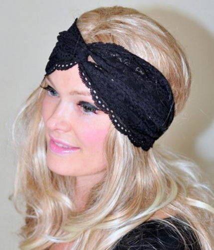 Women Lace BOHO 80' 70' Wide Big Cross Bandana look Hair Wrap Head band headband Black Lace Cross headband