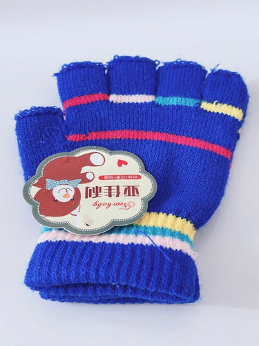 Girls Boys Kids Party Warm Knit Half Fingerless Ski Dance SHORT Gloves Mittens Royal Blue Gloves
