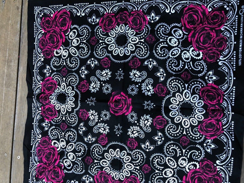 Women Lady Girl Retro Rose Flower Freedom Cotton Bandana Hair Headband Wrap Black with Red Rose flower bandana