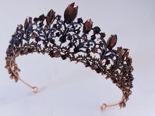 Women Retro Vintage look Bride Prom Gothic Black Bronze Rhinestone Tiara Crown