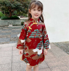 Kids Girl Chinese New Year Asian Traditional QIPAO Red Costume Tunic Dress