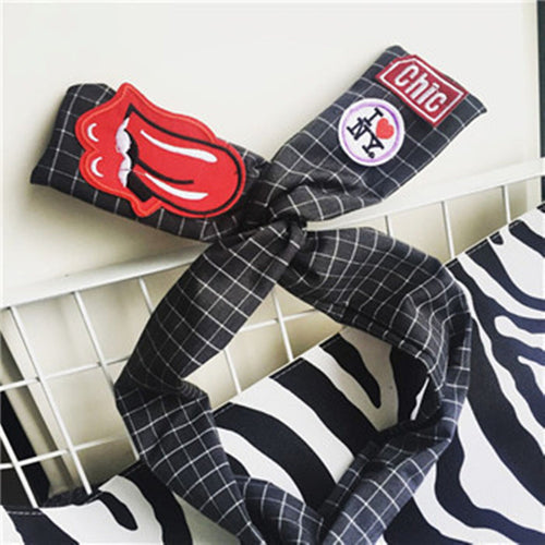 Women Girl Tongue NY Grey Retro Wire Bunny Ear bow scarf Hair head band headband Check Design