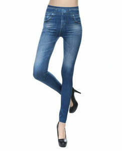 Women Faux Denim Jeans look Stretch Pencil Slim Leggings Jeggings Pants AU6-12 Blue S:AUS 6-8