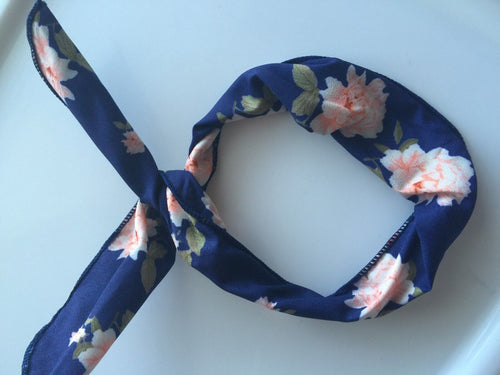 1PC Women Lady Retro flower Wire Bunny Ear bow scarf Hair head band headband Tie Navy Flower