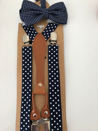 Adult Men Women Party Pants Dots Braces Suspender Clip Belt Bowtie bow tie Set Navy White Dots Spot Brace Suspender Bowtie Set