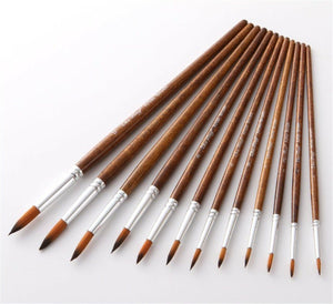 12PC Brown Handle Artist Brush Set - Watercolor, Acrylic, Oil Painting, and Craft