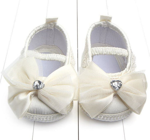 Baby Shower Infant Girl Kids Christening Beige White Satin Lace bow Shoes 0-9m 6-9months