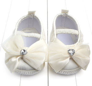 Baby Shower Infant Girl Kids Christening Beige White Satin Lace bow Shoes 0-9m