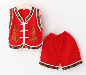 Kids Boy Chinese New Year Asian Traditional TANG Costume Vest Tops outfit Set