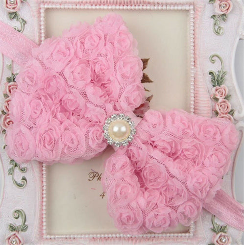 Baby Kids Children Girls Christening Shower Rose Lace Bow Ribbon Hair Head band Pink