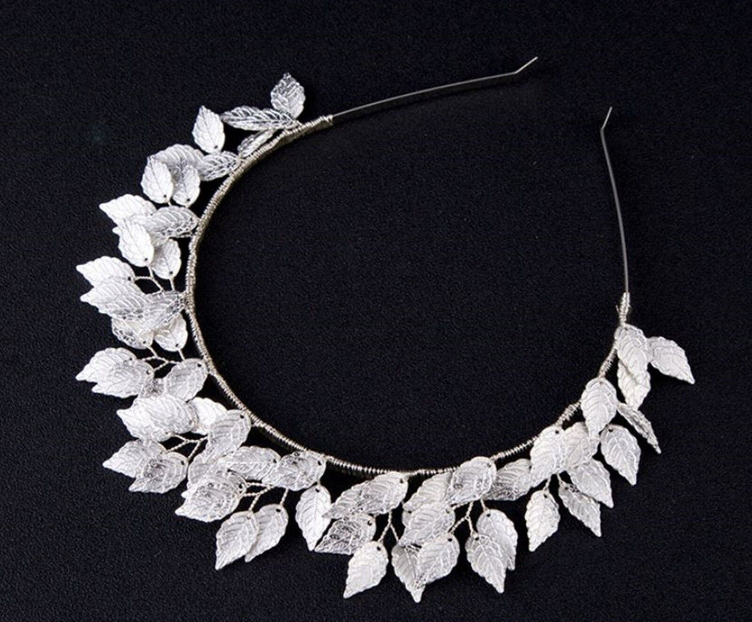 Women Girl Bride Metallic Gold Silver Leaf party hair head band Hoop Crown tiara Silver Color Leaf headband