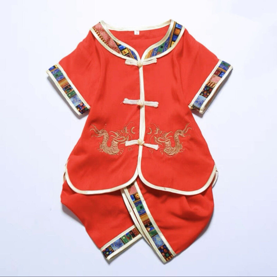 Kid Boy Chinese New Year Traditional Red Tang Costume Cotton Short Sleeve Outfit