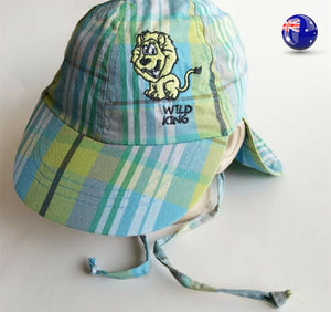 Boys Kids Lion Children Cotton Green Check Travel Neck Cover Sun Hat Cap strap