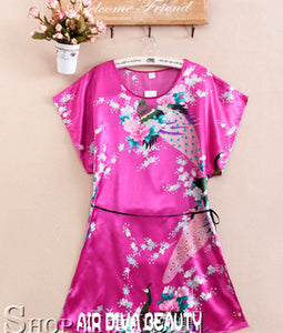 Women Sexy Silky Feel Peacock Print Nightie Sleep Sleepwear Pajama Tops Dress