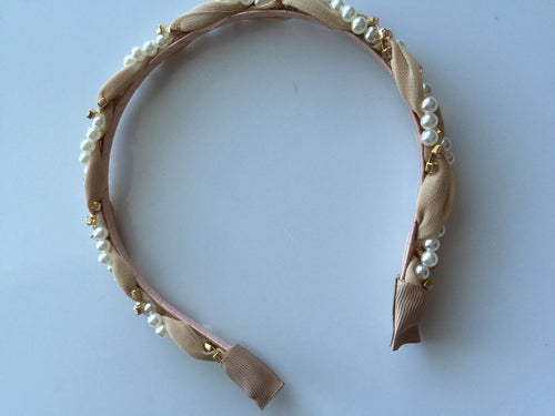 Women Lady Chiffon Retro BOHO Twist Braided Pearl Party Hair Head Band Headband Beige Nude headband