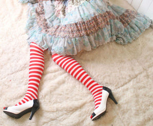 Lady Bow Stripe RAINBOW Costume Party knee thigh high Pantyhose Stockings opaque