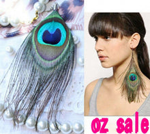 Women Ladies Boho Bohemian Party Peacock Feather Dangle Earrings Ear drop - Sophisticated Jewelry for Women