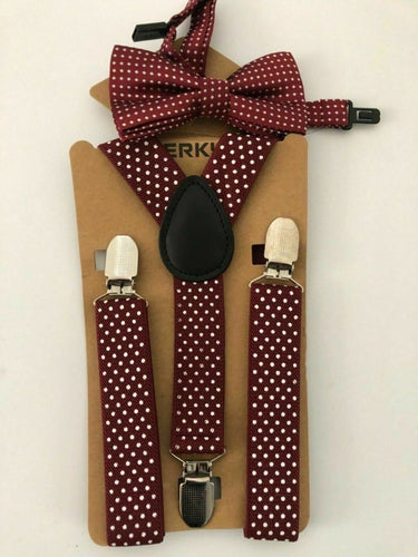 Children Party Costume Wedding Pants Dots Kids Suspender Brace Belt Clip Bowtie Wine Red with white Dots