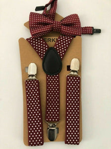 Children Party Costume Wedding Pants Dots Kids Suspender Brace Belt Clip Bowtie Wine Red with white Dots