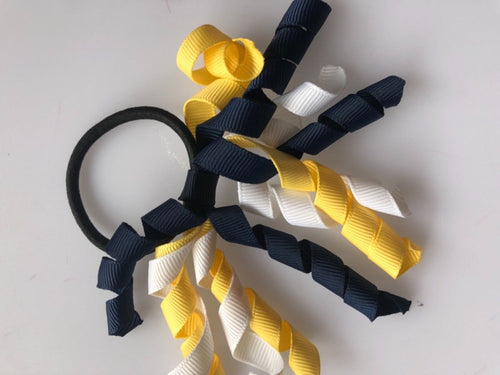 1PEICE Girls School Curly Korker Ribbon Elastic Grosgrain Hair Ties Scrunchies 1 Piece Navy blue white yellow
