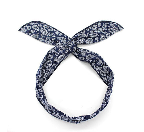 Women Girl Retro boho Hip hop dance Paisley Bandana Hair wire bow Headband Scarf Navy blue