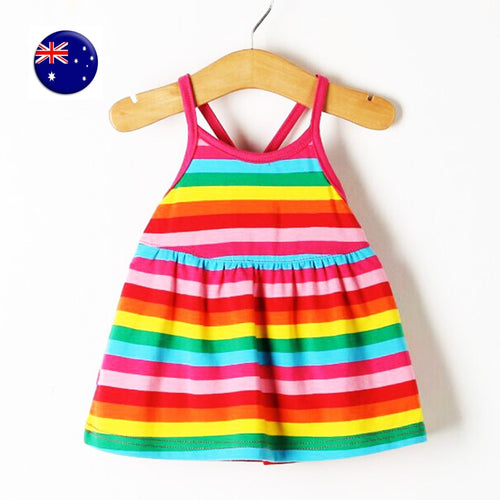 Baby Girl kids Children Rainbow Multi-colored Striped cotton Summer Strap Dress 100cm:1-2 Years