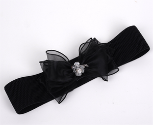 Women Retro Bow Ribbon Pearl Lace Elastic Stretchy Dress Waist Belt Band Wrap