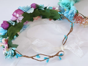 Girls Women Halo Blue Flower Crown hair headband Garland Wreath Tiara