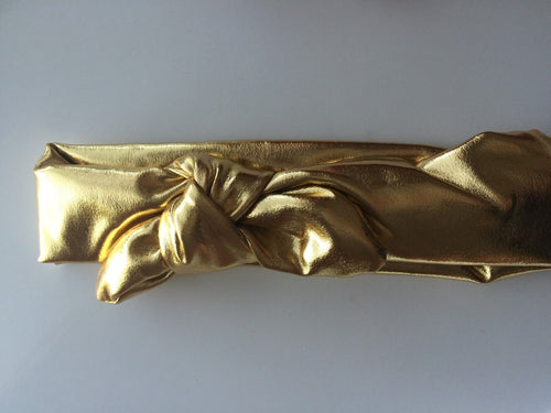Girls Baby 80' Retro Rock Syn leather Bow Party Headband Hair band Wrap PROP Metallic Gold leather look
