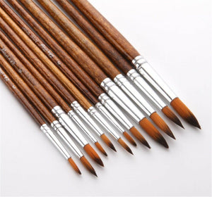 12PC Brown Handle Artist Brush Set - Watercolor, Acrylic, Oil Painting, and Craft