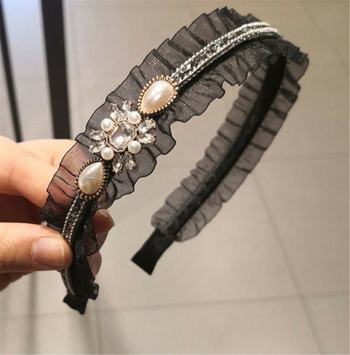 Women Girl Frilly Lace Gem Crystal Pearl Hairband Hair Head Band Headband Hoop Black