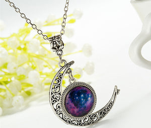 Women Girls Retro BOHO Cameo Round Badge Galaxy moon friendship Chain Necklace