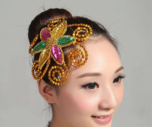 Women Girl Dance Big Bling Sequined Party Hair Wear Flower Fascinator accessory Gold with colorful center
