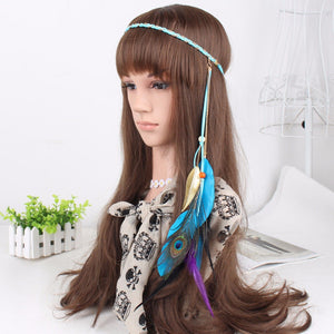 Women Braided suede leather Bohemian boho Braided Chain hair band headband Wrap Blue