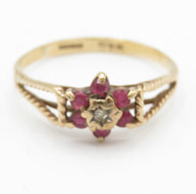 Vintage 1982 9ct Gold Ruby Diamond Flower Ring Size M