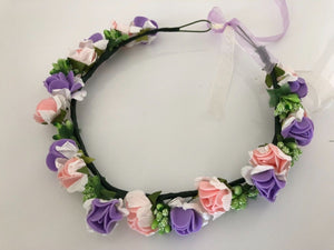 Women Girls Bohemian Floral Garland Crown Headband for Weddings & Events PURPLE WITH PINK